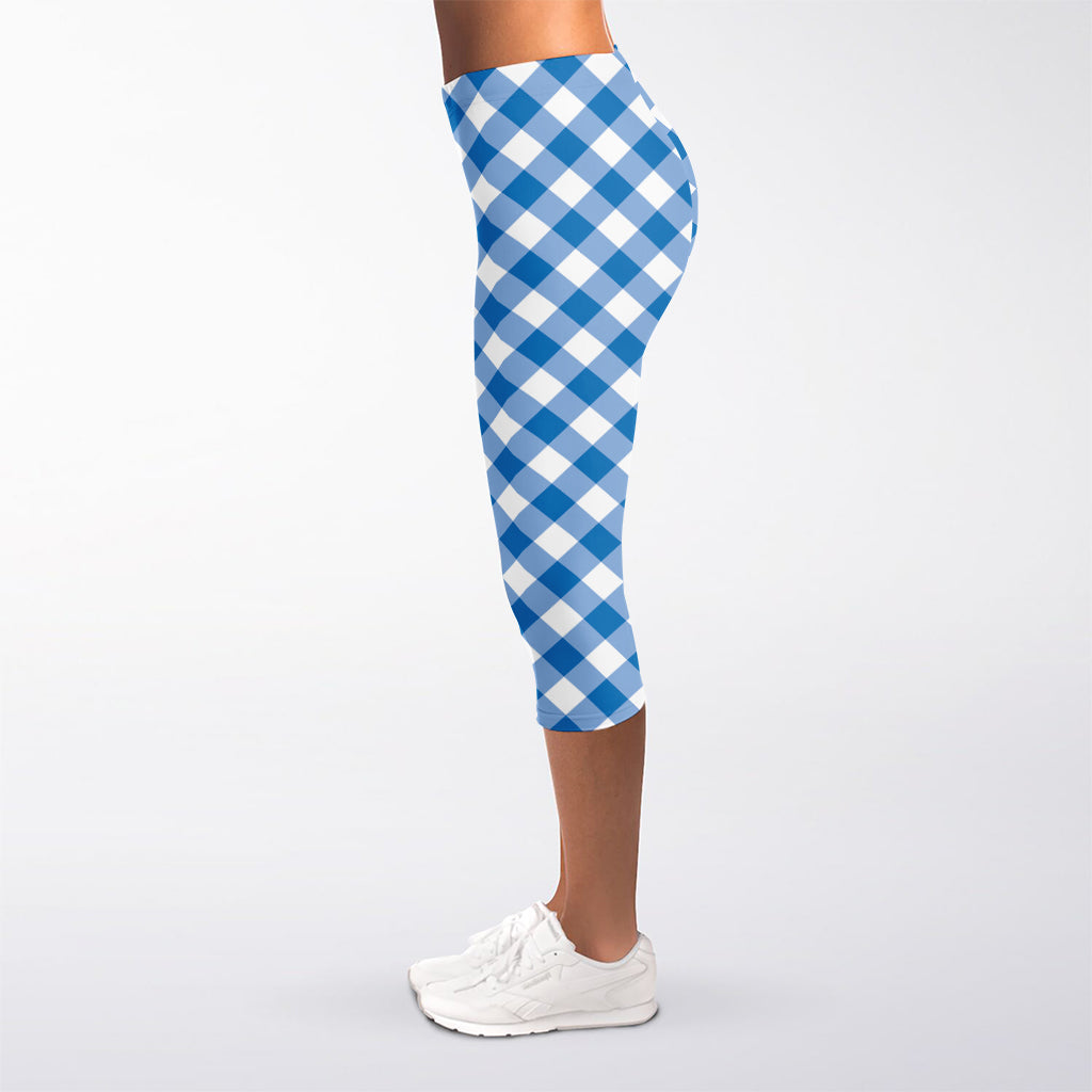 Steel Blue And White Gingham Print Women's Capri Leggings