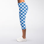 Steel Blue And White Gingham Print Women's Capri Leggings