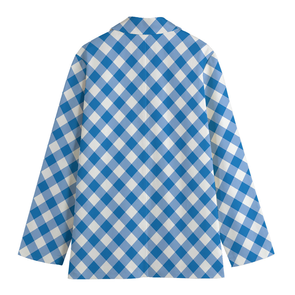 Steel Blue And White Gingham Print Women's Cotton Blazer