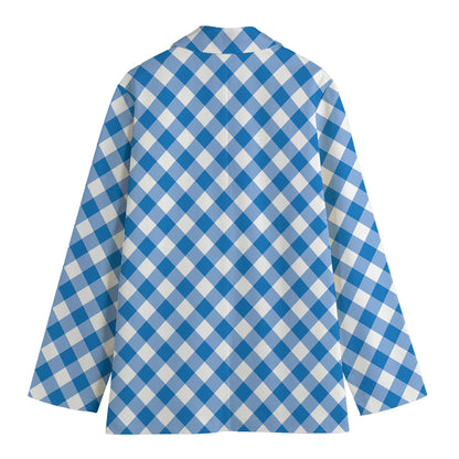 Steel Blue And White Gingham Print Women's Cotton Blazer