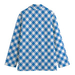 Steel Blue And White Gingham Print Women's Cotton Blazer