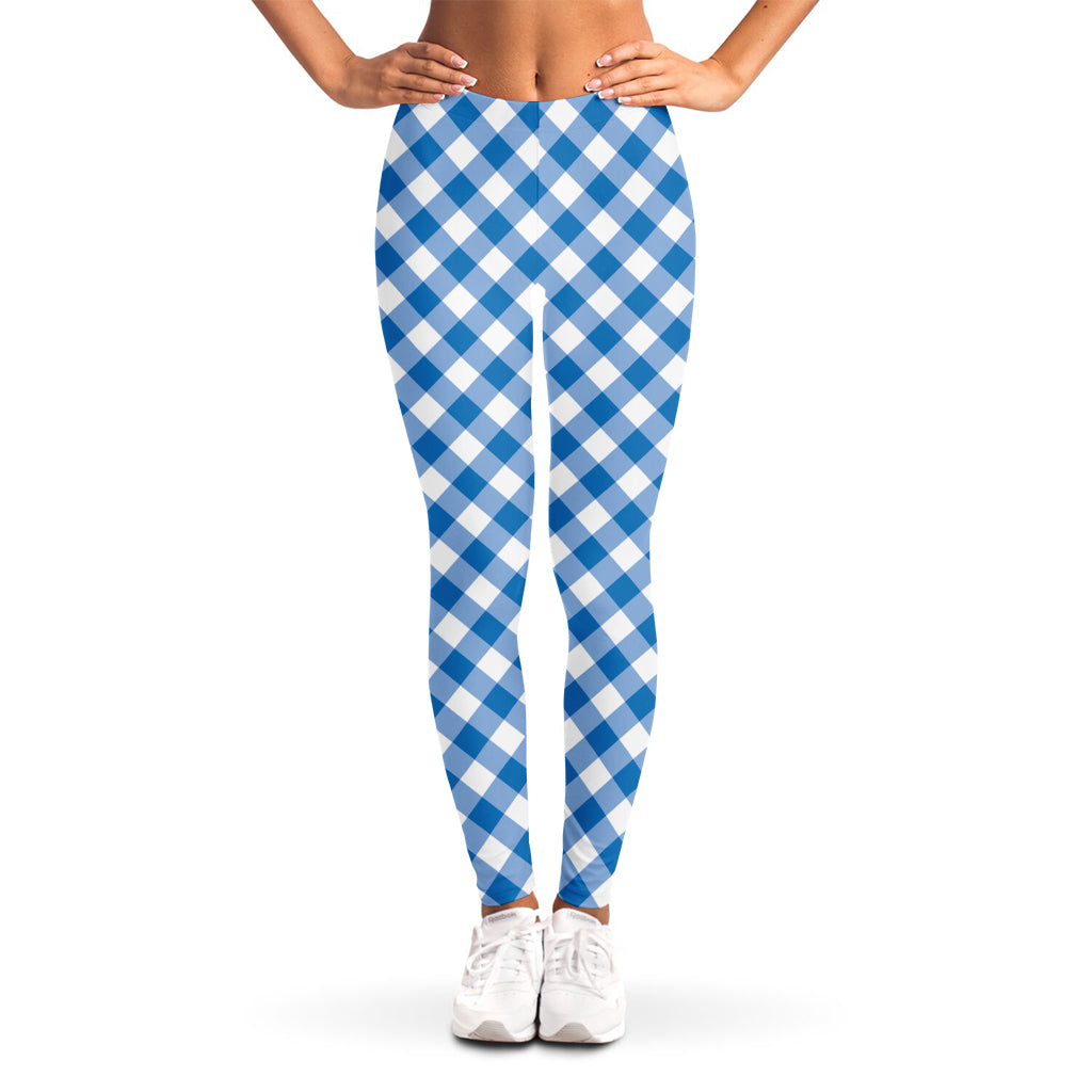 Steel Blue And White Gingham Print Women's Leggings