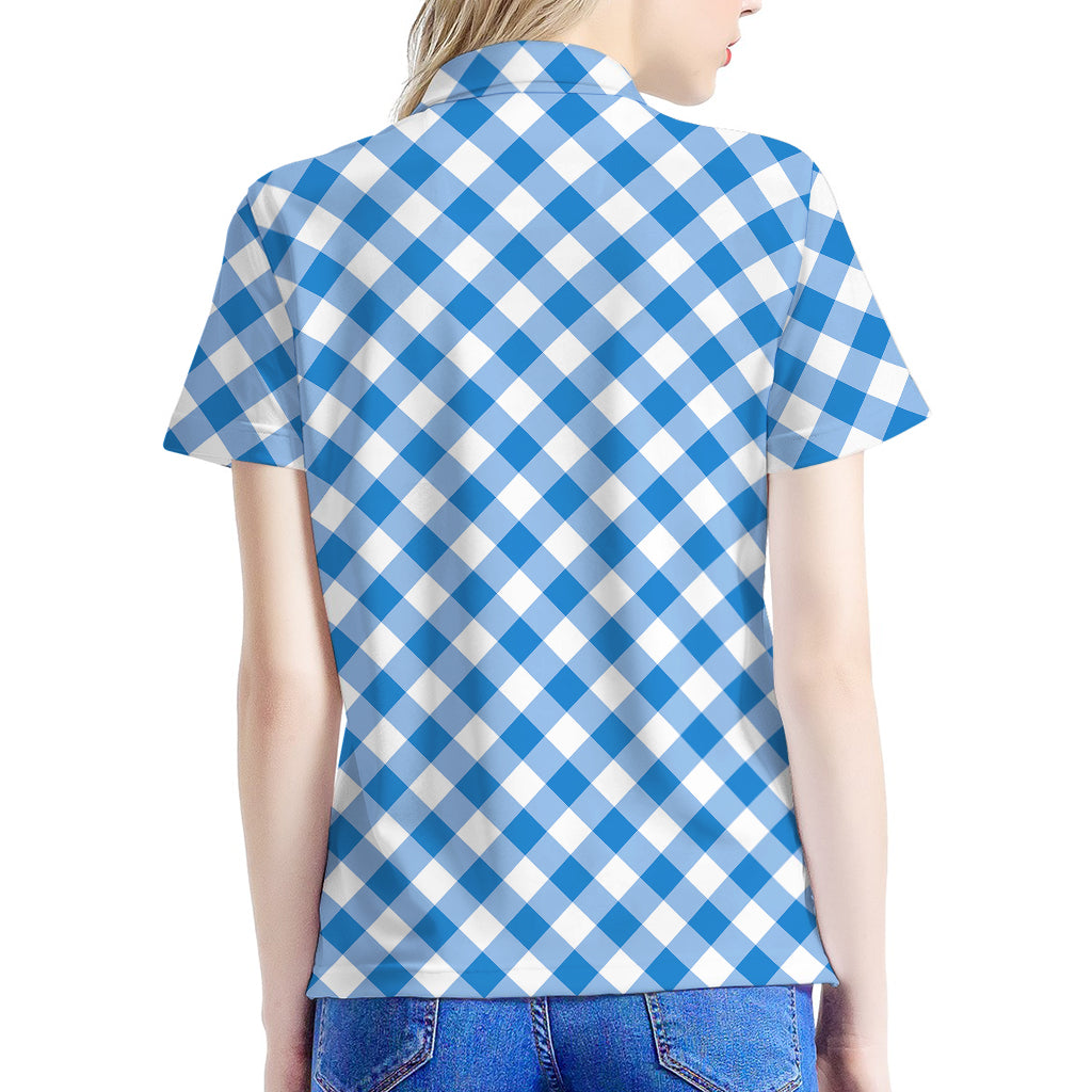 Steel Blue And White Gingham Print Women's Polo Shirt