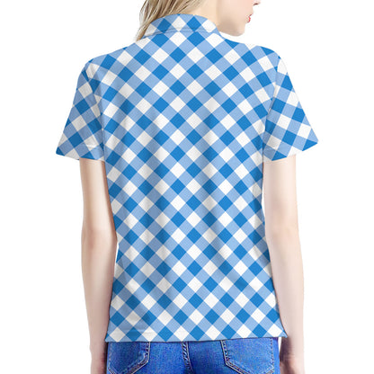 Steel Blue And White Gingham Print Women's Polo Shirt