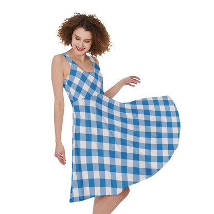 Steel Blue And White Gingham Print Women's Sleeveless Dress