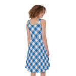 Steel Blue And White Gingham Print Women's Sleeveless Dress