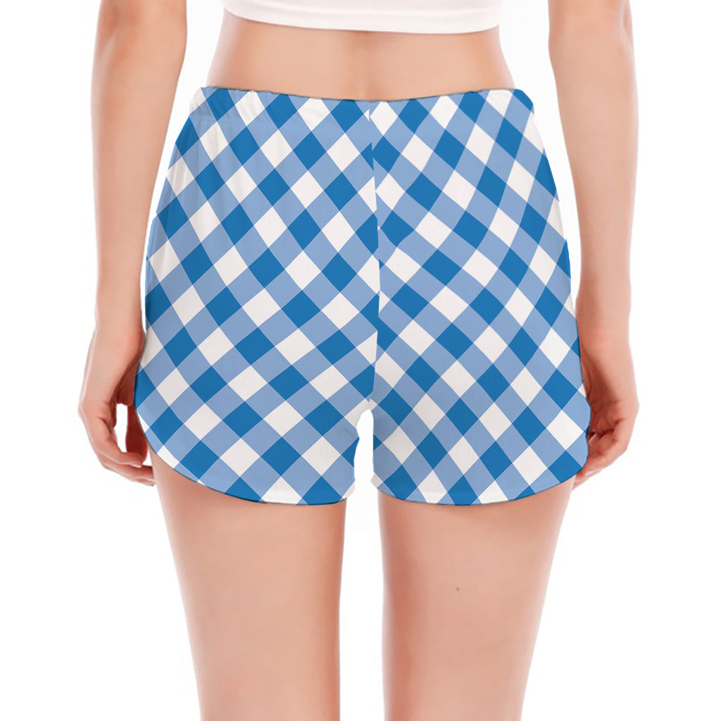 Steel Blue And White Gingham Print Women's Split Running Shorts