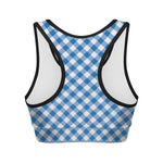 Steel Blue And White Gingham Print Women's Sports Bra