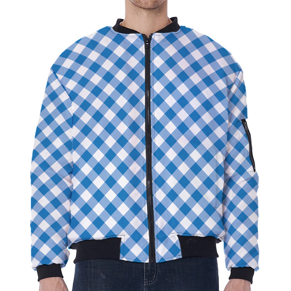 Steel Blue And White Gingham Print Zip Sleeve Bomber Jacket