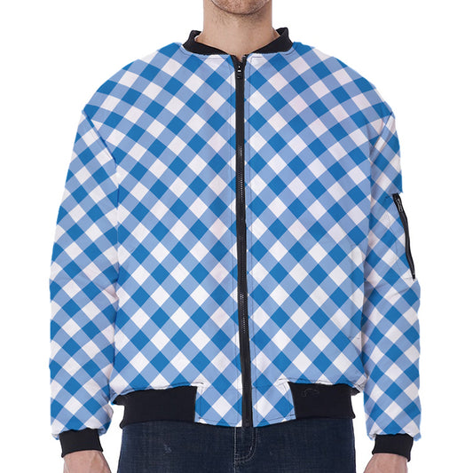 Steel Blue And White Gingham Print Zip Sleeve Bomber Jacket