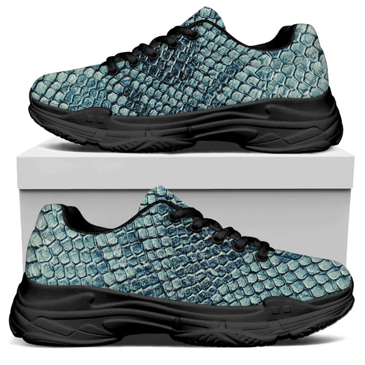 Steel Blue Snakeskin Print Black Chunky Shoes