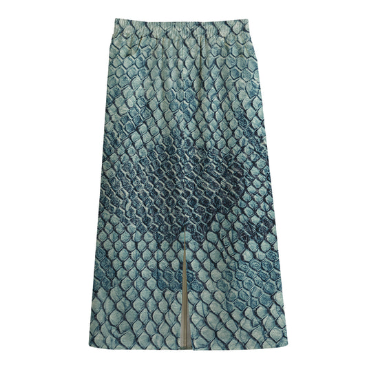 Steel Blue Snakeskin Print Cotton Front Slit Maxi Skirt