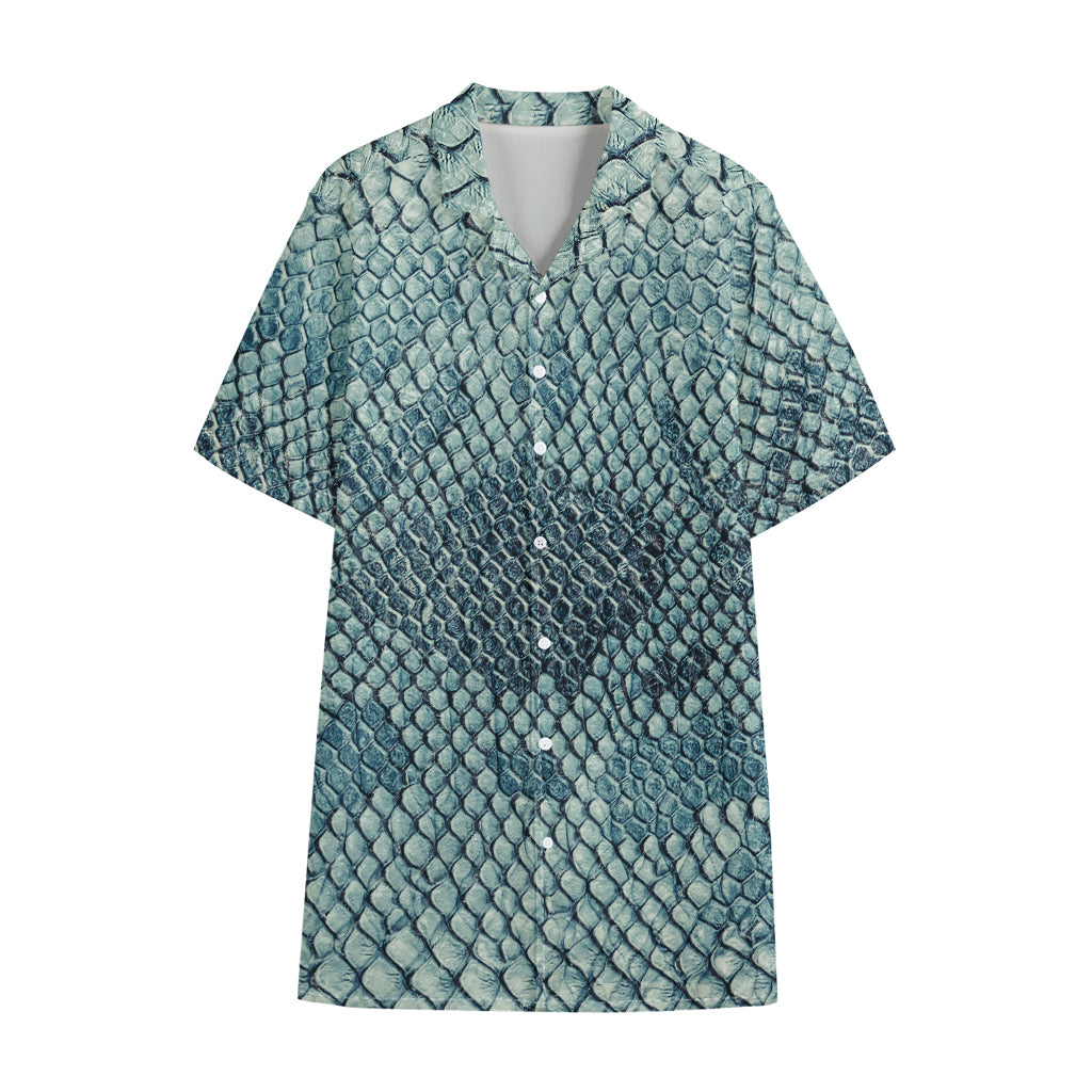 Steel Blue Snakeskin Print Cotton Hawaiian Shirt