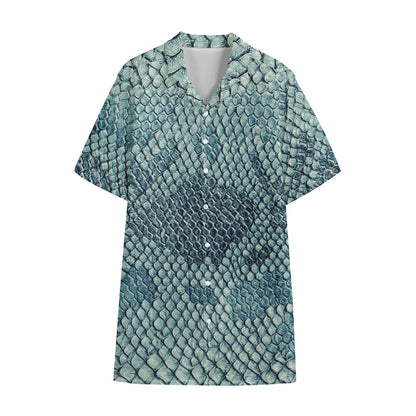 Steel Blue Snakeskin Print Cotton Hawaiian Shirt