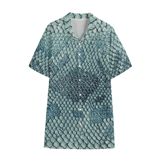 Steel Blue Snakeskin Print Cotton Hawaiian Shirt