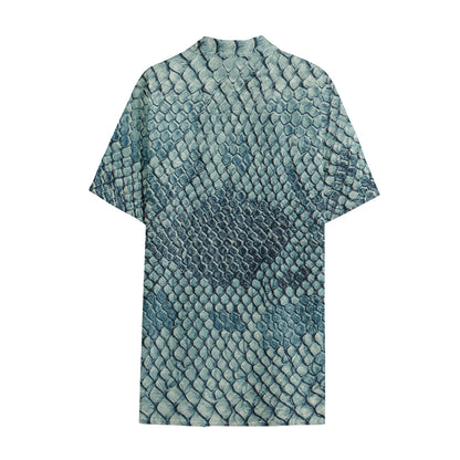 Steel Blue Snakeskin Print Cotton Hawaiian Shirt