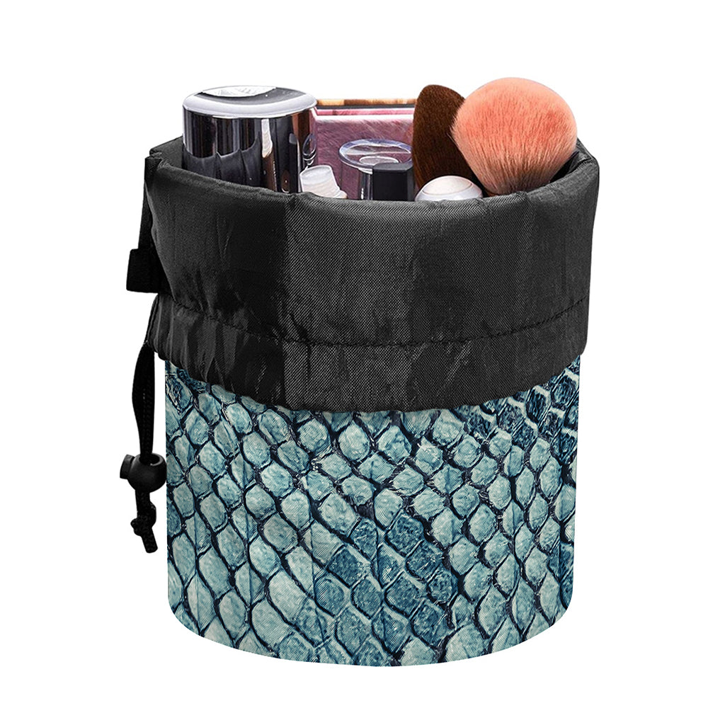 Steel Blue Snakeskin Print Drawstring Makeup Bag