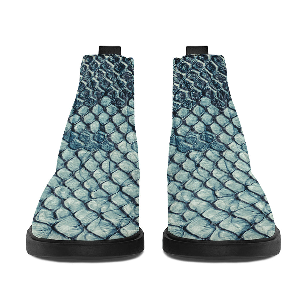 Steel Blue Snakeskin Print Flat Ankle Boots