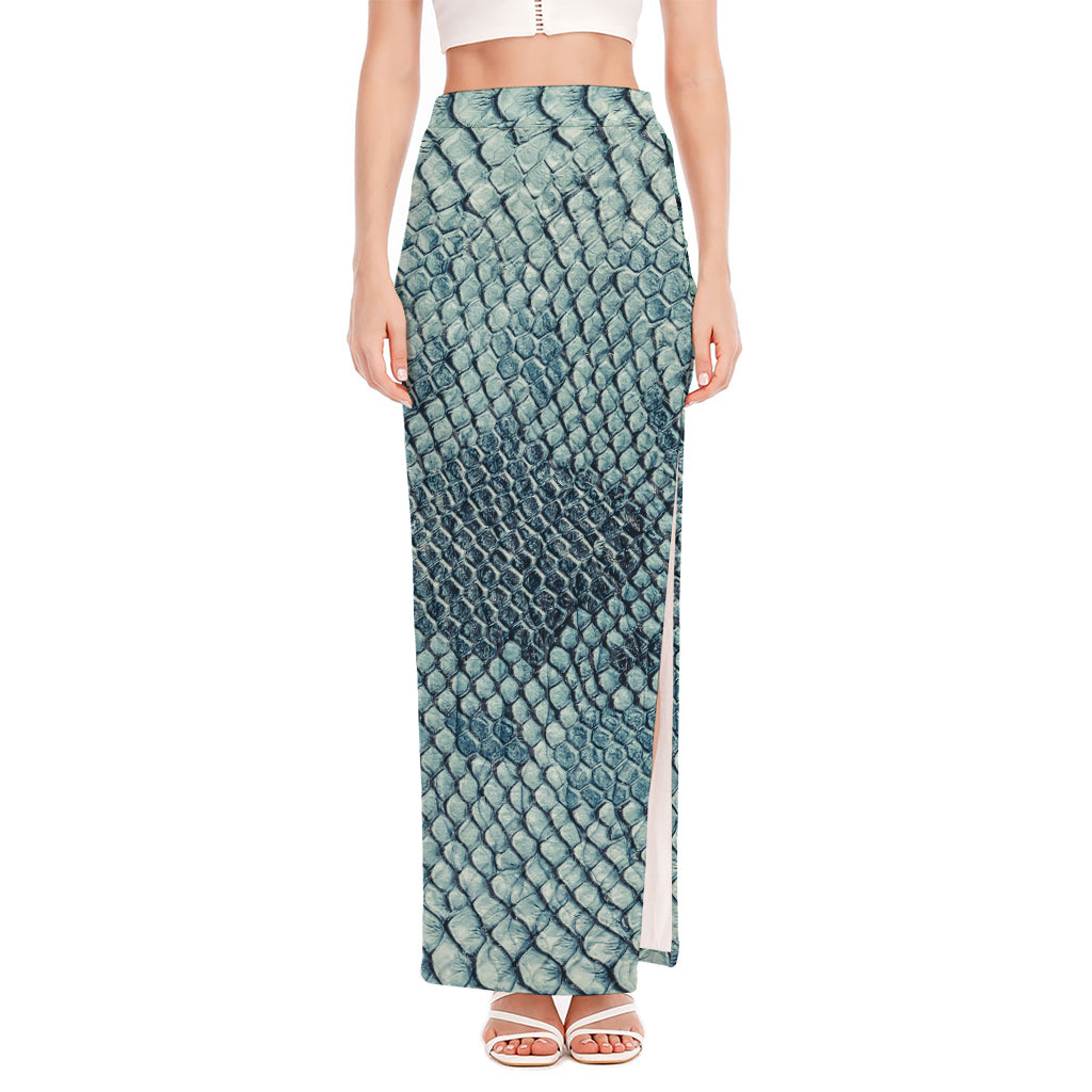 Steel Blue Snakeskin Print High Slit Maxi Skirt