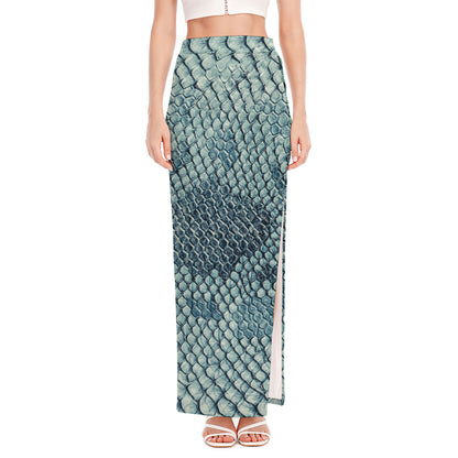 Steel Blue Snakeskin Print High Slit Maxi Skirt
