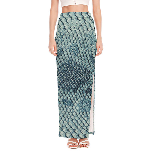 Steel Blue Snakeskin Print High Slit Maxi Skirt