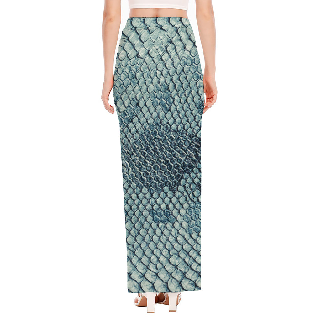Steel Blue Snakeskin Print High Slit Maxi Skirt