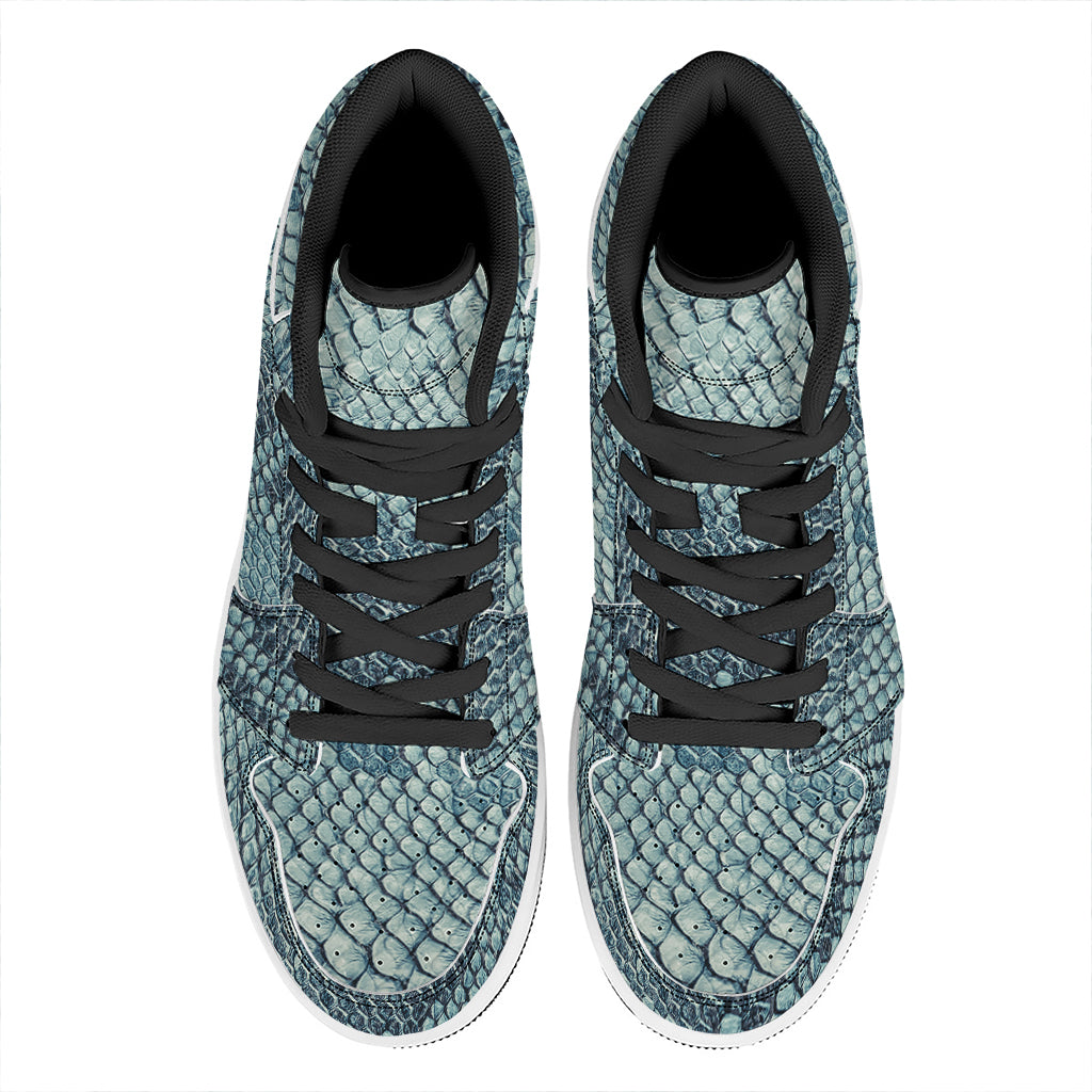 Steel Blue Snakeskin Print High Top Leather Sneakers