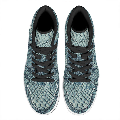 Steel Blue Snakeskin Print High Top Leather Sneakers