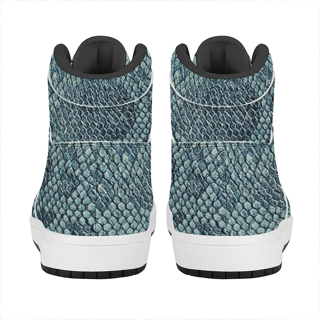 Steel Blue Snakeskin Print High Top Leather Sneakers