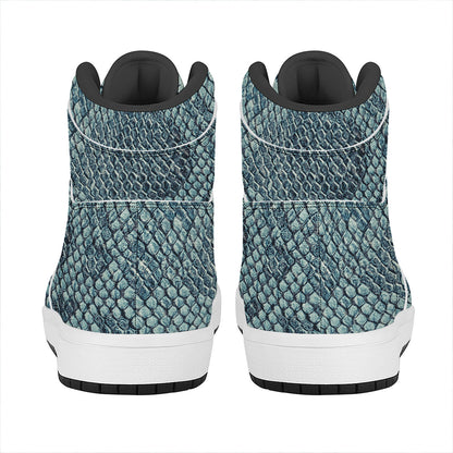 Steel Blue Snakeskin Print High Top Leather Sneakers