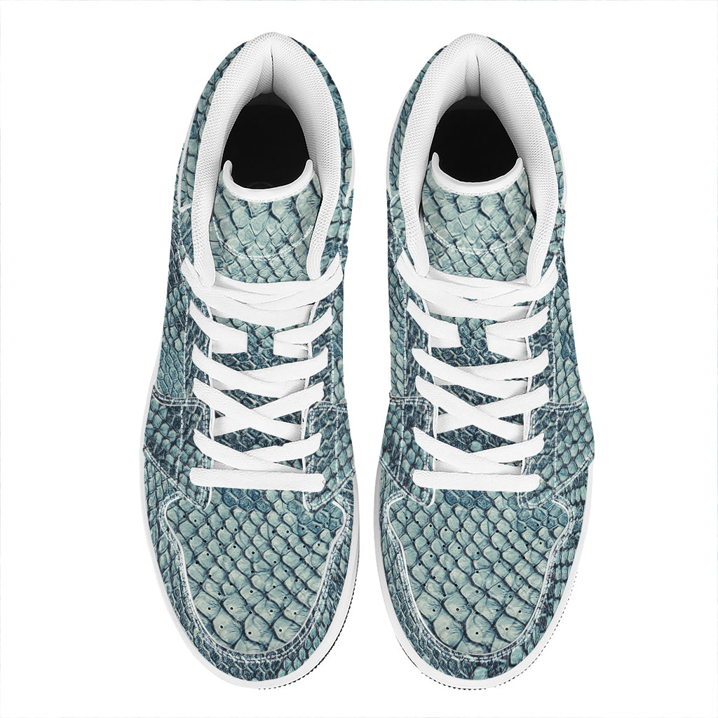 Steel Blue Snakeskin Print High Top Leather Sneakers