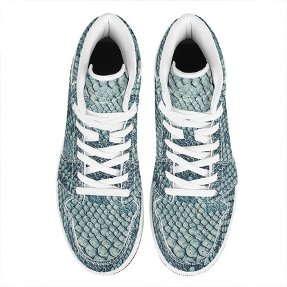 Steel Blue Snakeskin Print High Top Leather Sneakers