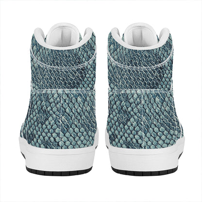 Steel Blue Snakeskin Print High Top Leather Sneakers