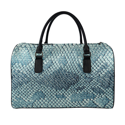 Steel Blue Snakeskin Print Leather Duffle Bag