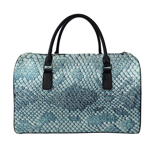 Steel Blue Snakeskin Print Leather Duffle Bag