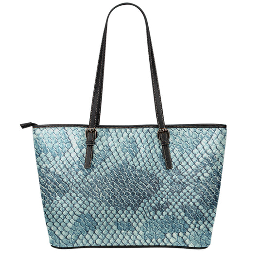 Steel Blue Snakeskin Print Leather Tote Bag