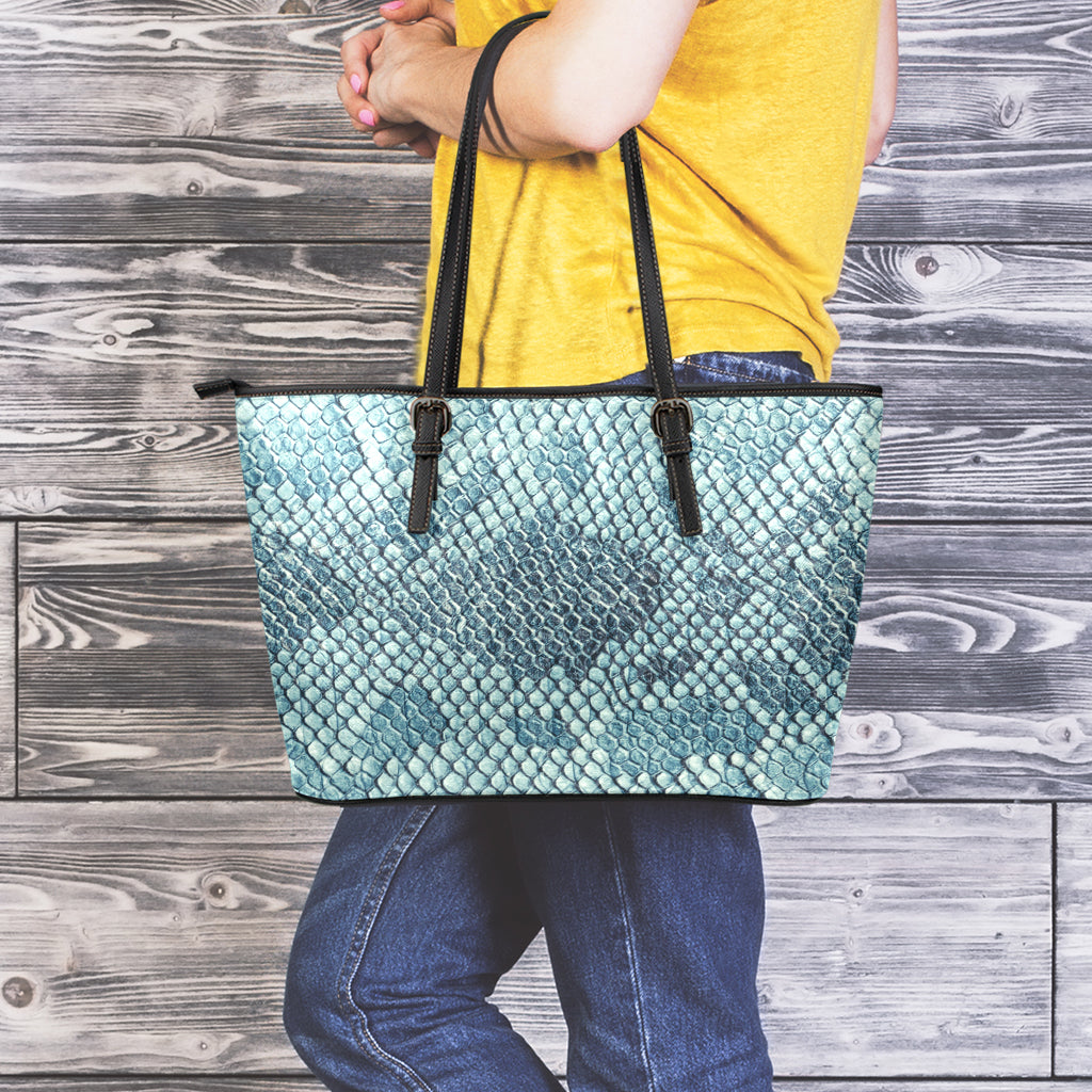 Steel Blue Snakeskin Print Leather Tote Bag