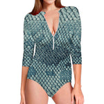 Steel Blue Snakeskin Print Long Sleeve Swimsuit