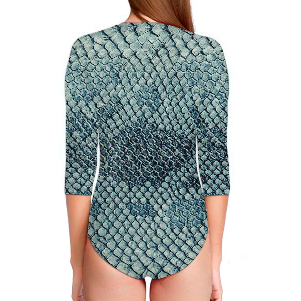 Steel Blue Snakeskin Print Long Sleeve Swimsuit