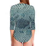 Steel Blue Snakeskin Print Long Sleeve Swimsuit