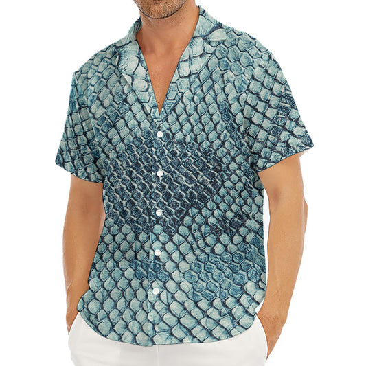 Steel Blue Snakeskin Print Men's Deep V-Neck Shirt