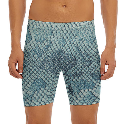 Steel Blue Snakeskin Print Men's Long Boxer Briefs