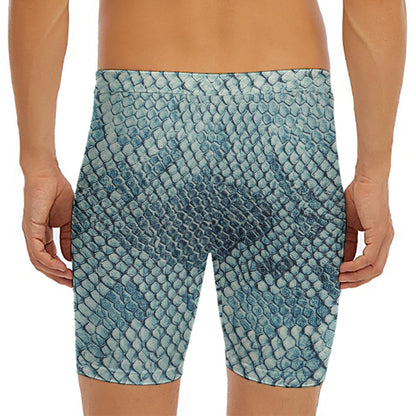 Steel Blue Snakeskin Print Men's Long Boxer Briefs
