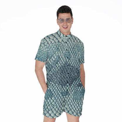 Steel Blue Snakeskin Print Men's Rompers