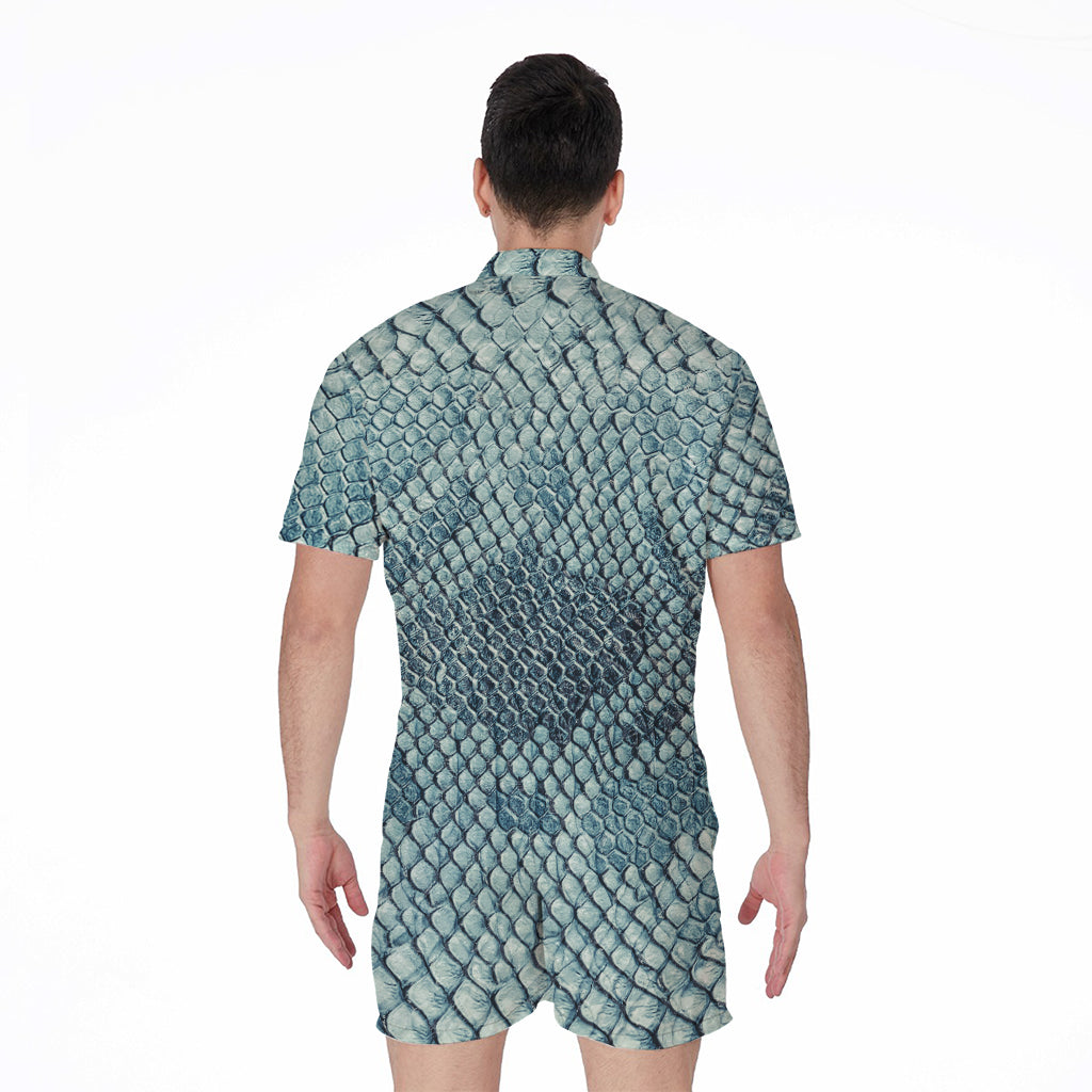 Steel Blue Snakeskin Print Men's Rompers