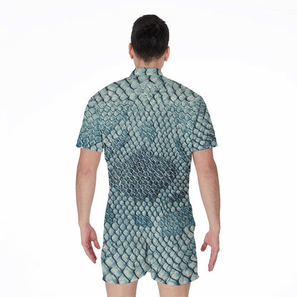 Steel Blue Snakeskin Print Men's Rompers