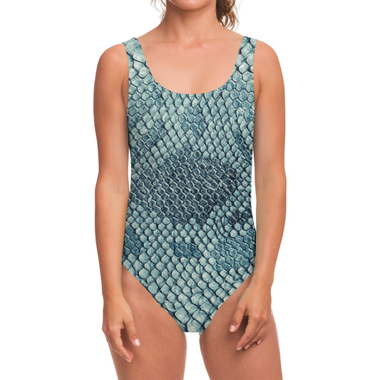 Steel Blue Snakeskin Print One Piece Swimsuit