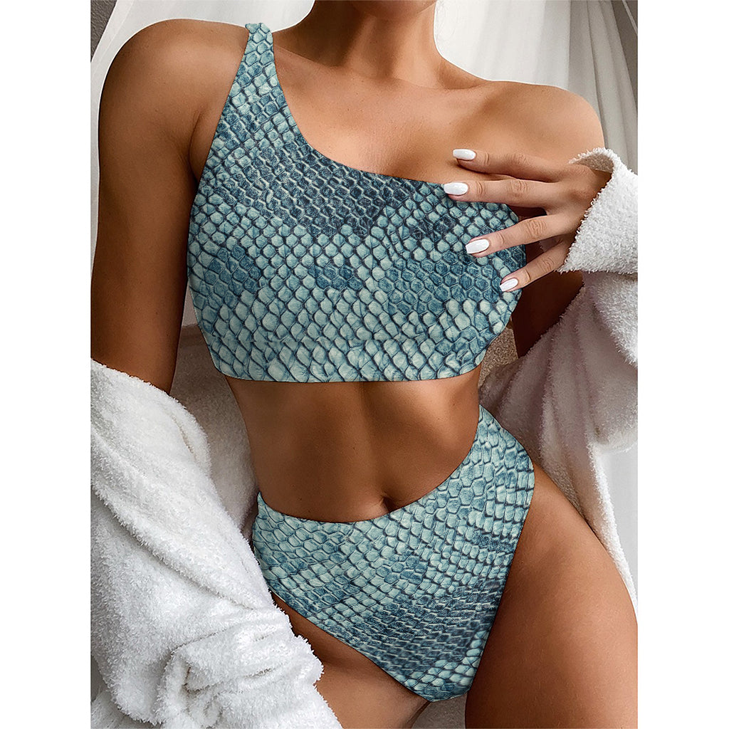 Steel Blue Snakeskin Print One Shoulder Bikini Top