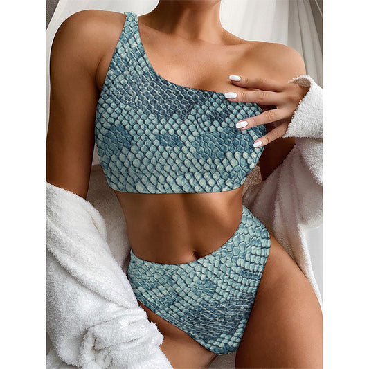 Steel Blue Snakeskin Print One Shoulder Bikini Top