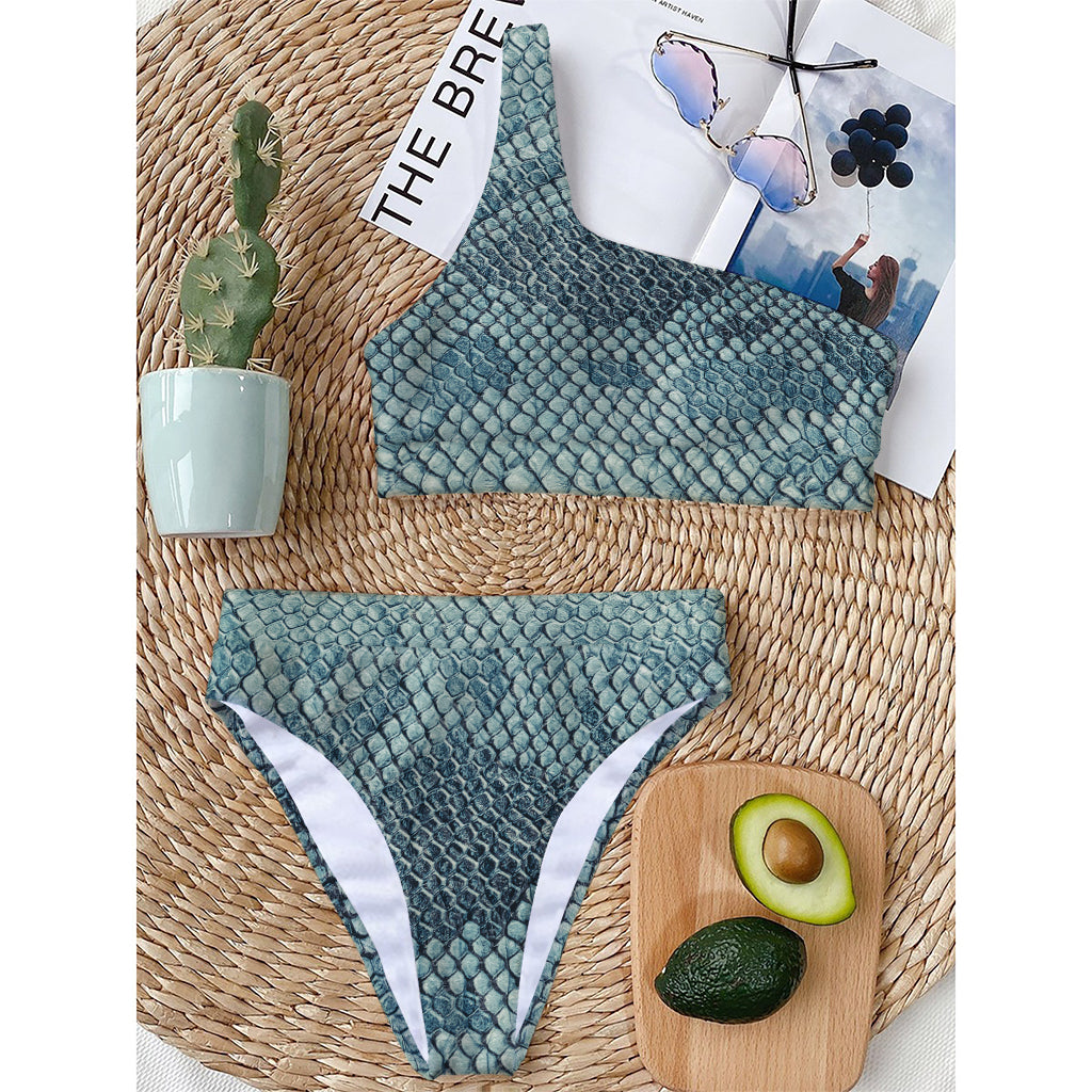 Steel Blue Snakeskin Print One Shoulder Bikini Top